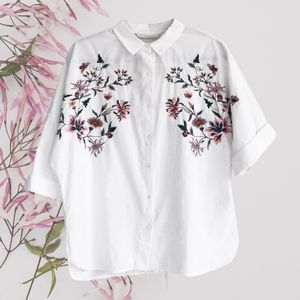 Floral Embroidered White Button Up Shirt